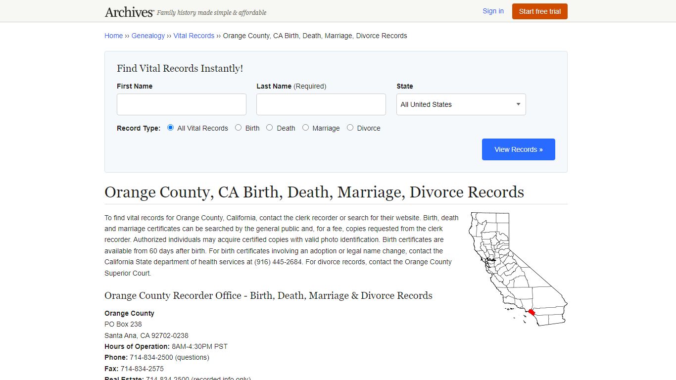 Orange County, CA Birth, Death, Marriage, Divorce Records - Archives.com